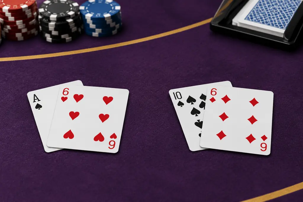 Ilustrasi tangan as-enam dan sepuluh-enam di meja blackjack
