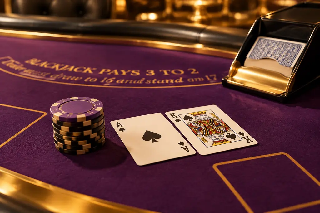 Ilustrasi meja blackjack dengan kartu as dan raja serta keping