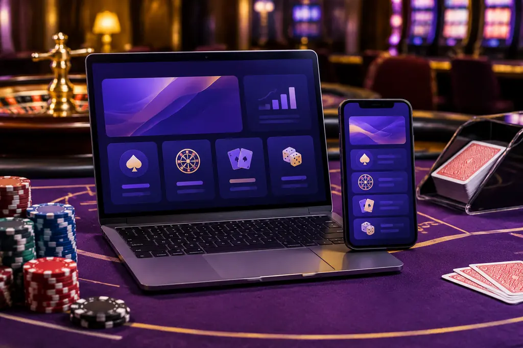 Ilustrasi laptop dan ponsel pada meja kartu kasino