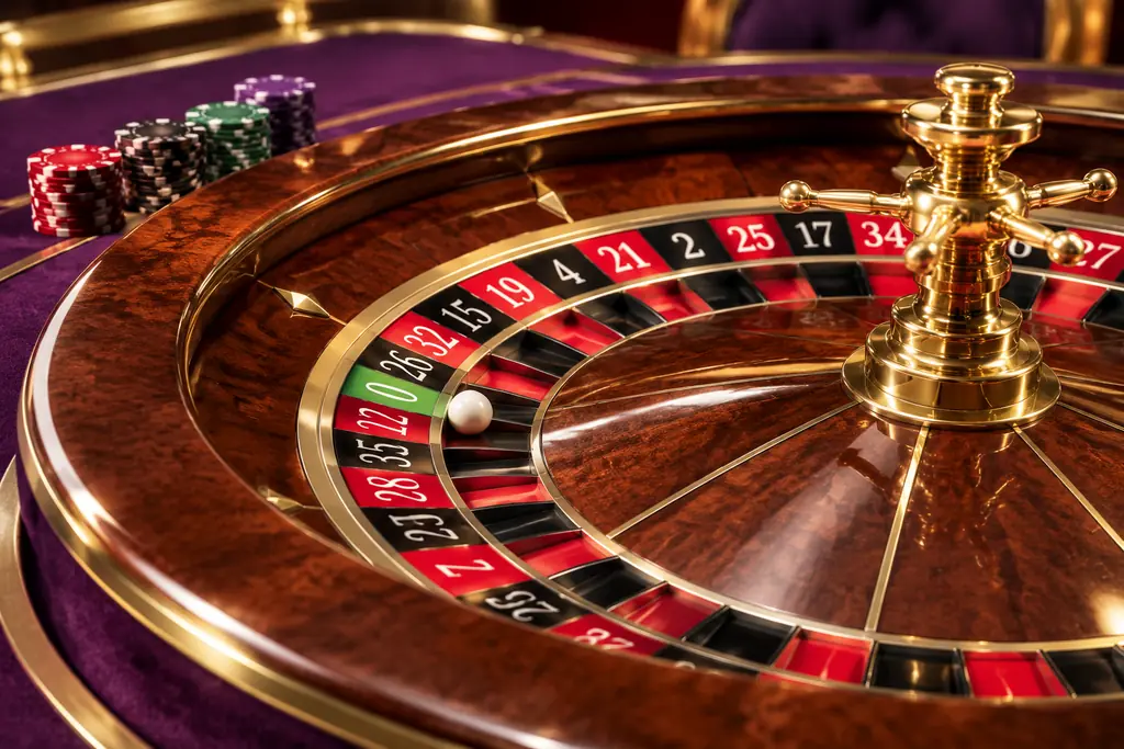 Ilustrasi roda roulette kayu dengan bola putih dan kain ungu